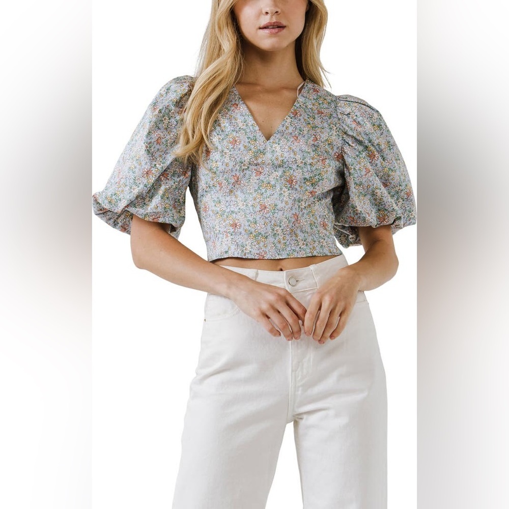 Endless Rose Floral Print Puff Sleeve Crop Top Women Size Small Spring Casual